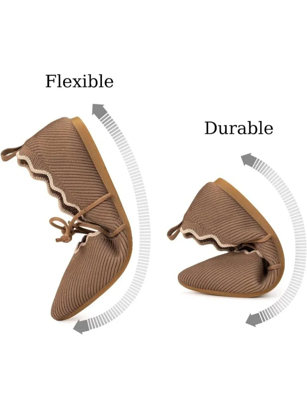 Women's Brown Rubber Knitted Slip On Pointed Toe with Ruffled Vamp Elastic Flats
